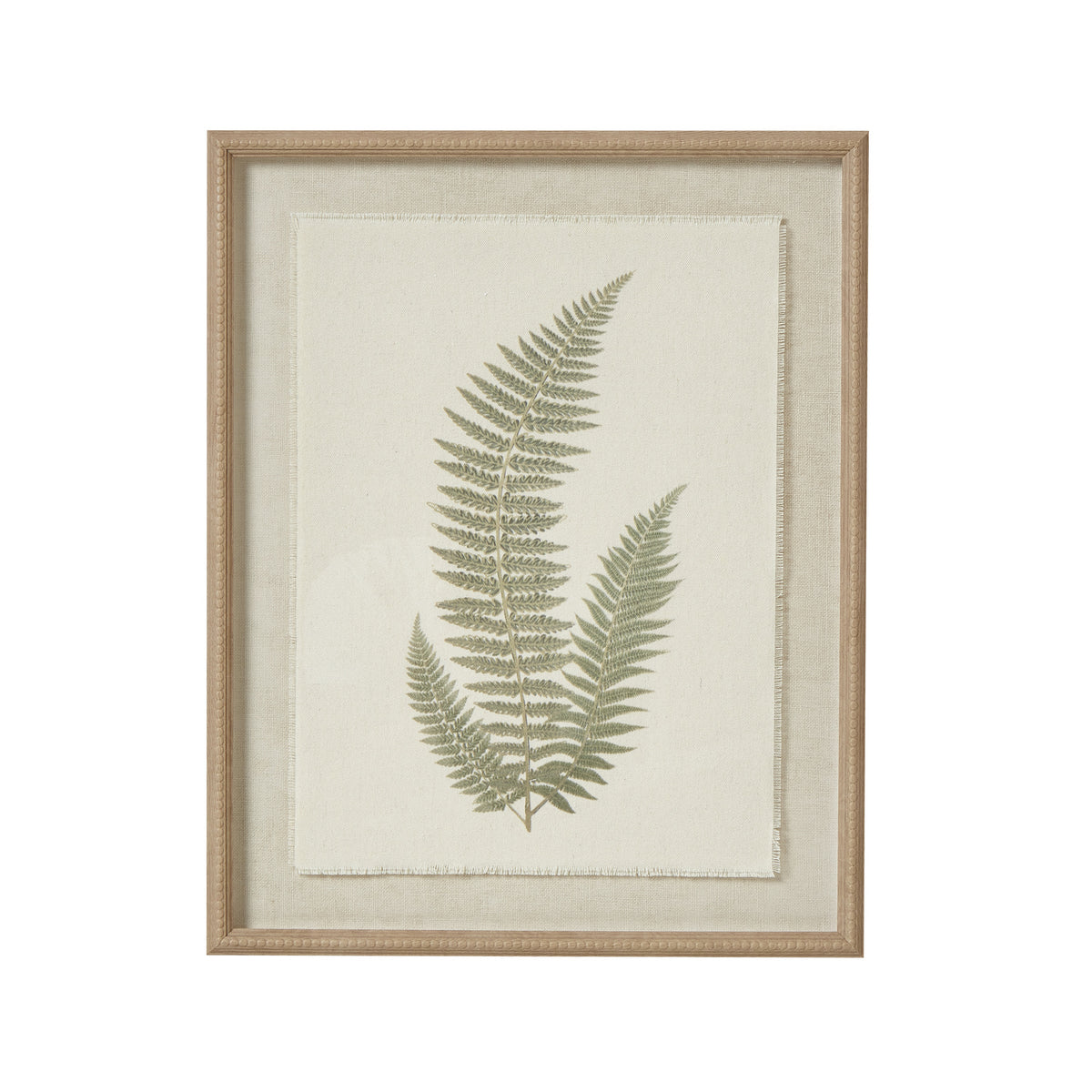 Fern botanical art in a beaded wood frame, front view