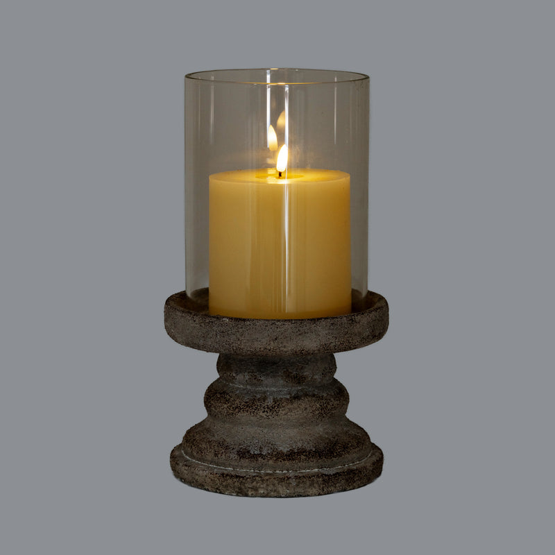 Ferro large hurricane lantern lit with a pillar candle
