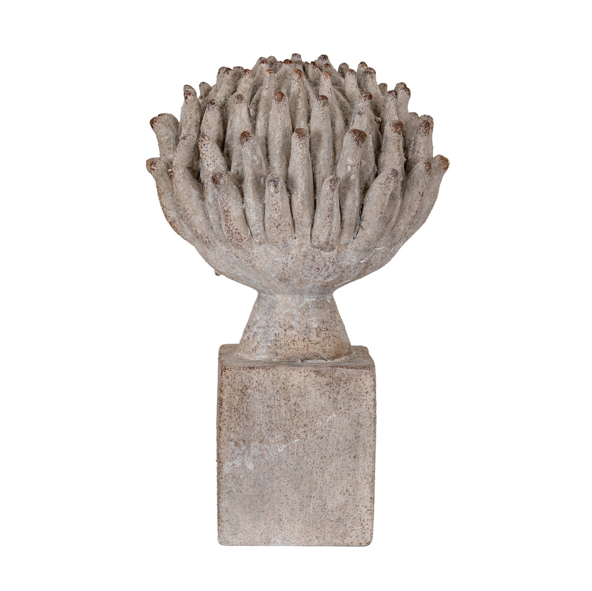 Ferro medium artichoke on a square plinth, front view