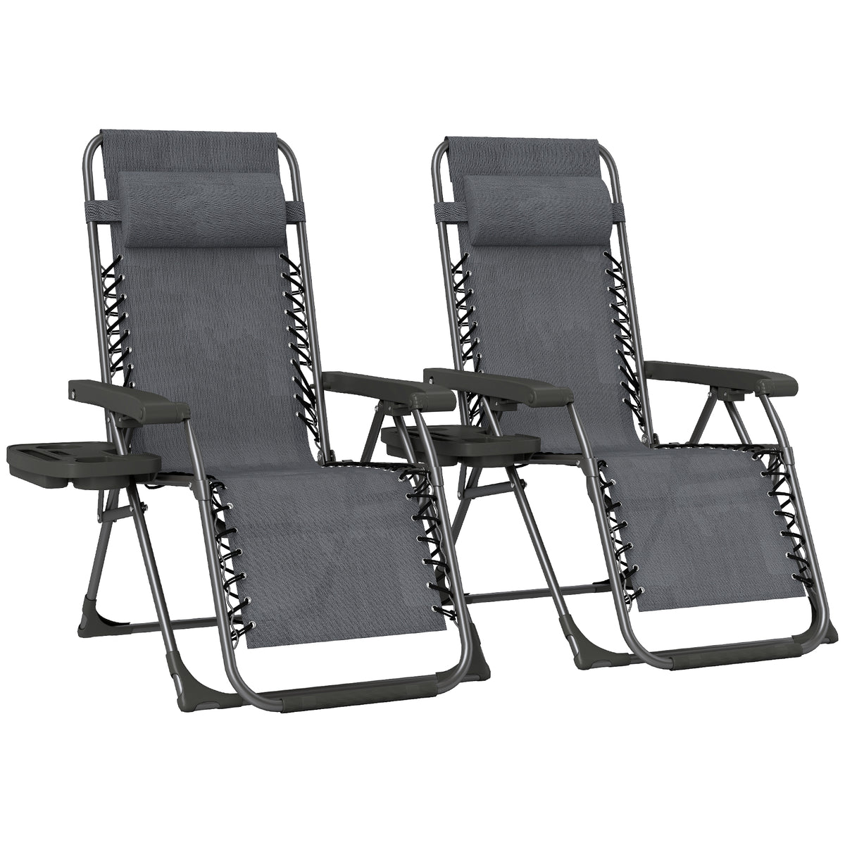 Set of two dark grey folding zero gravity garden chairs with headrests and side trays