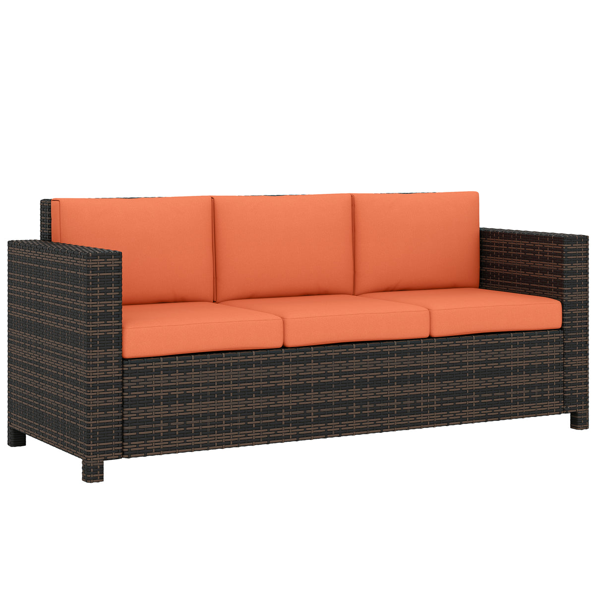 Brown rattan 3-seater garden sofa with thick orange padded cushions