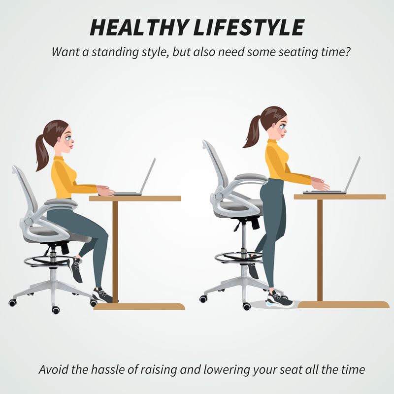 Vinsetto Drafting Chair with Flip-up Armrest, Mesh Office Stool with Foot Ring, 360 Degree Swivel Height Adjustable – view 5