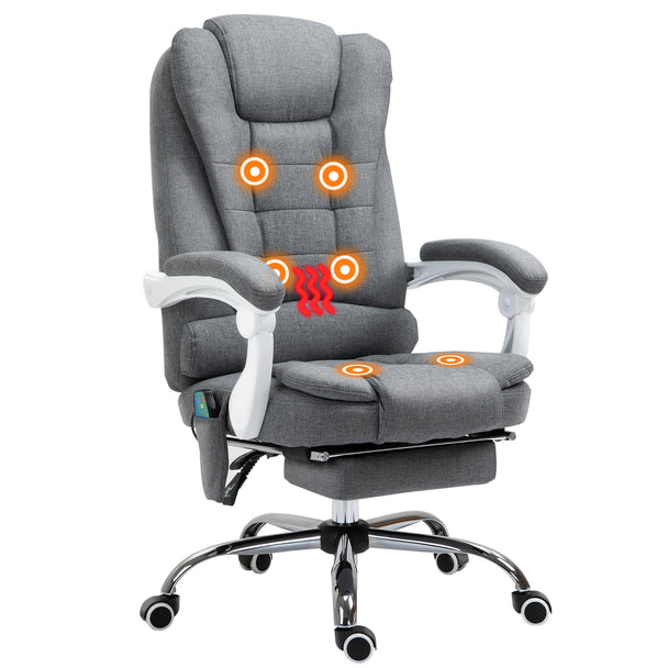 Grey linen-look heated massage executive office chair with armrests, reclining back and pull-out footrest