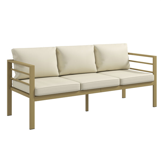 Three-seater aluminium garden bench with cream white seat and back cushions and champagne gold frame