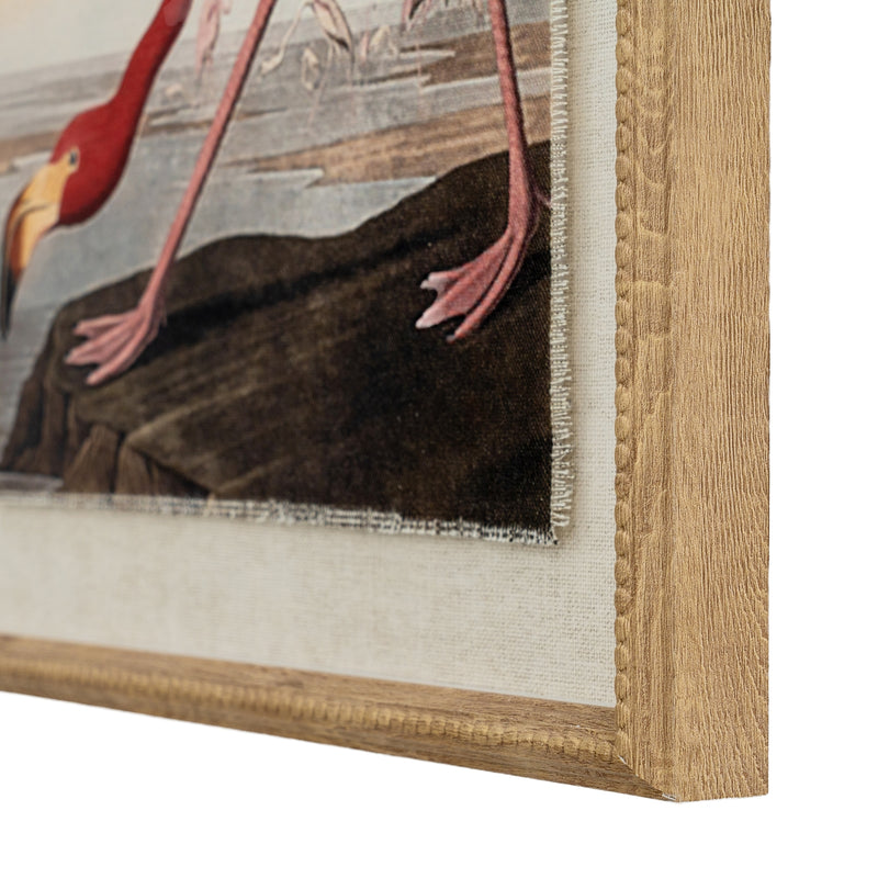 Close-up of the flamingo's legs, linen panel and beaded frame