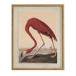 Flamingo print on linen in a beaded wood frame, front view