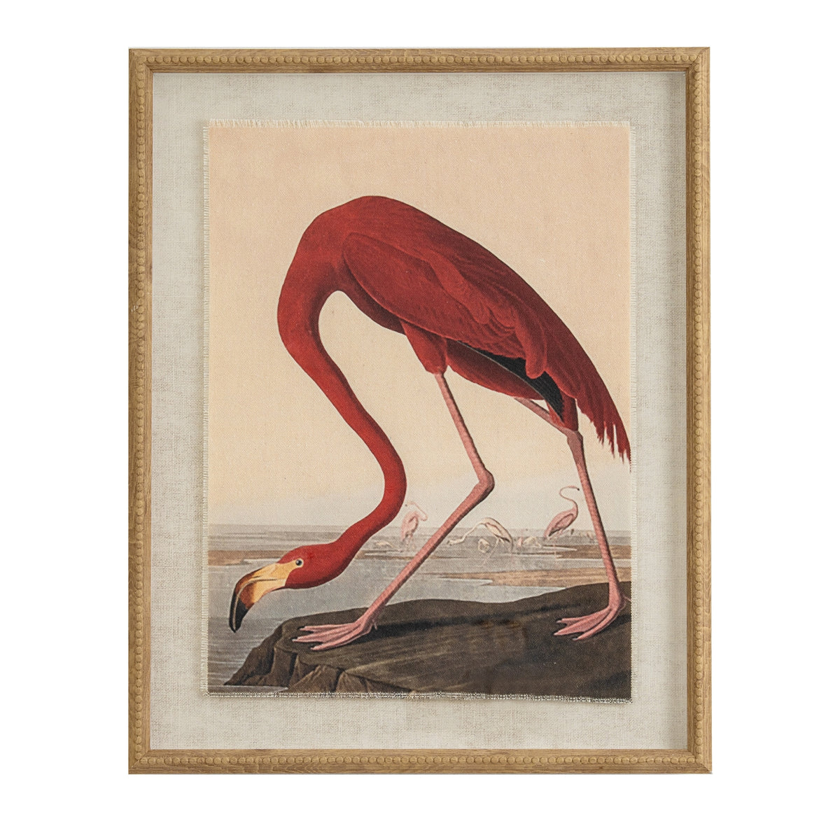 Flamingo print on linen in a beaded wood frame, front view