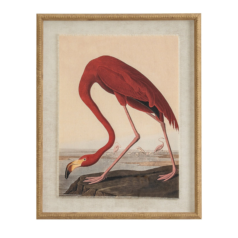 Flamingo print on linen in a beaded wood frame, front view