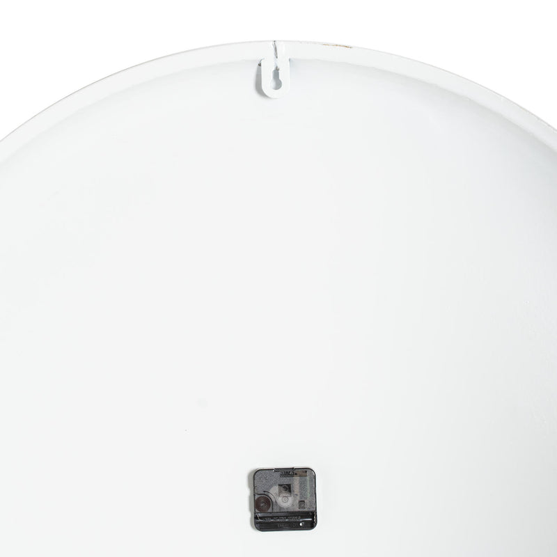 Back of the white clock showing the movement and hanging point