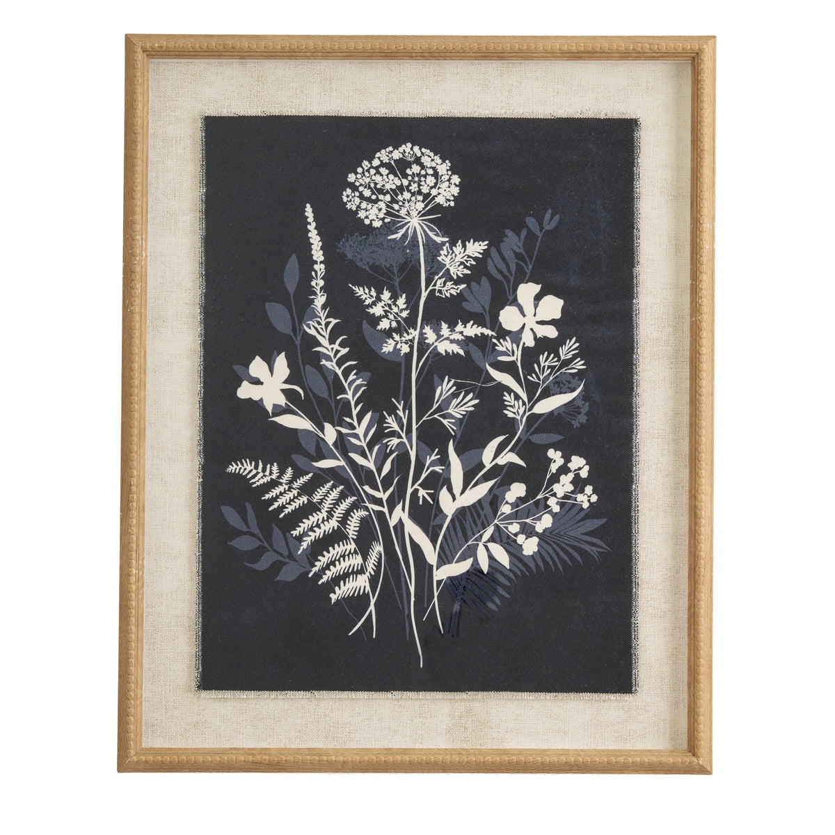 Meadow flower print on dark linen in a beaded wood-tone frame, front view