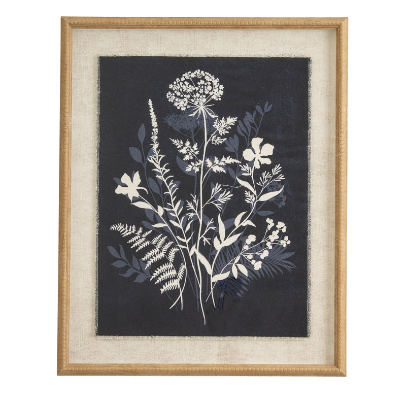 Meadow flower print on dark linen in a beaded wood-tone frame, front view