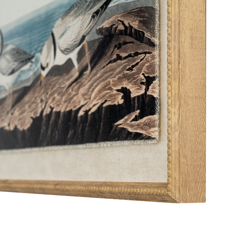 Close-up of the plovers, frayed linen edge and beaded frame corner