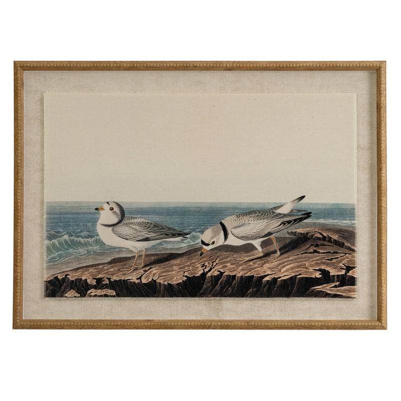 Plovers print on linen in a beaded wood-tone frame, front view