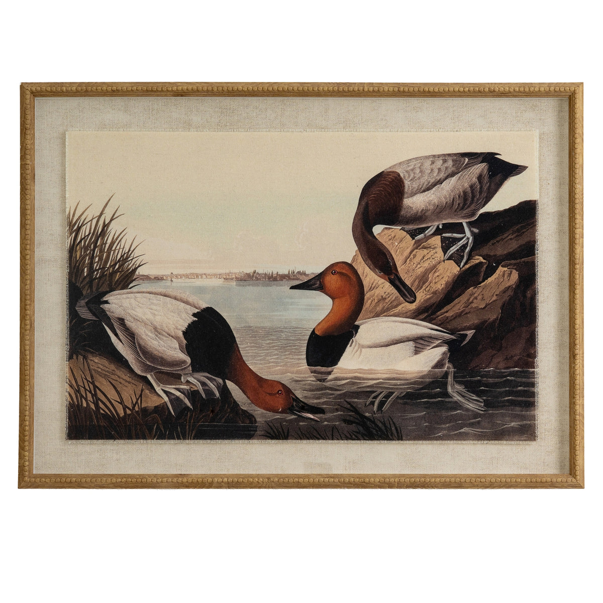 Pochards print on linen in a beaded wood-tone frame, front view