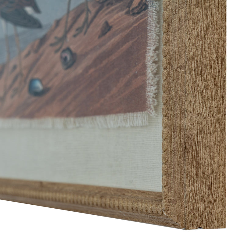 Close-up of the shore detail, frayed linen edge and frame corner