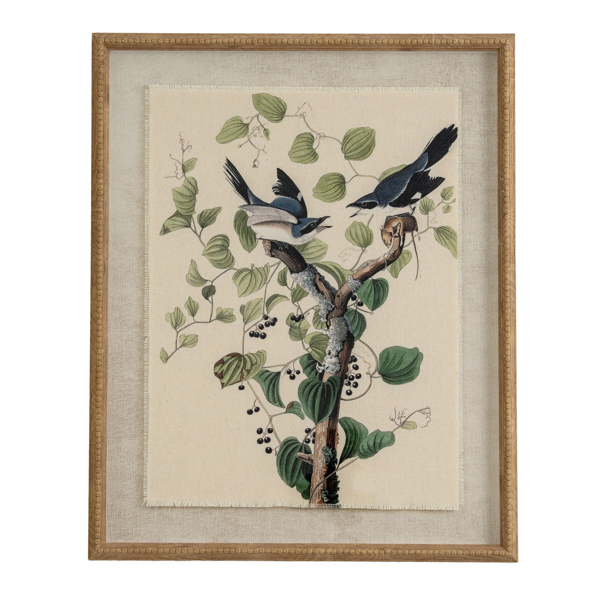 Shrikes print on linen in a beaded wood-tone frame, front view