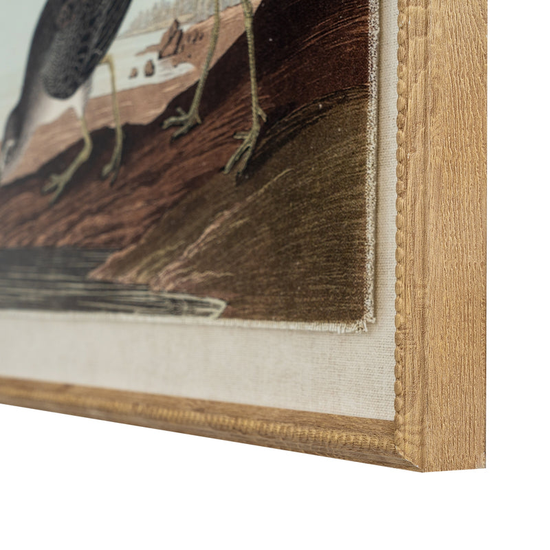 Close-up of the birds, frayed linen edge and frame corner