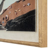 Close-up of the shell-strewn bank, frayed linen edge and frame corner