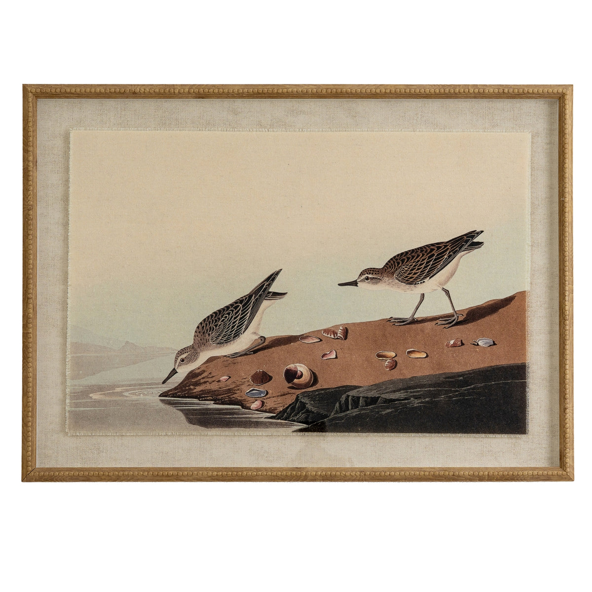 Stints print on linen in a beaded wood-tone frame, front view