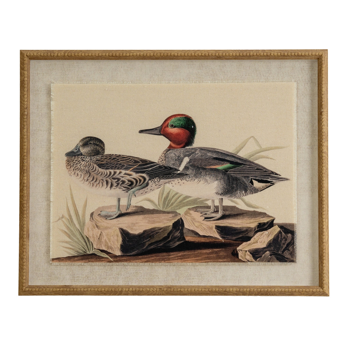 Teals print on linen in a beaded wood-tone frame, front view