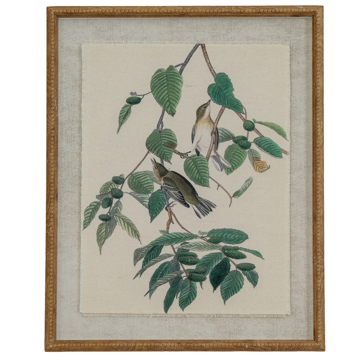 Warblers print on linen in a beaded wood-tone frame, front view