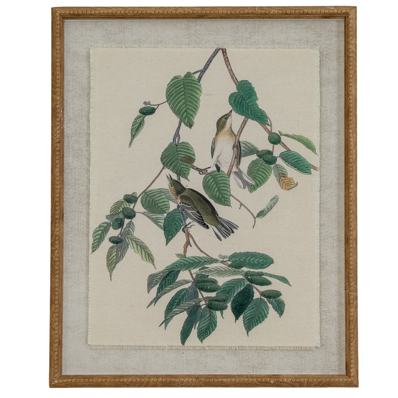 Warblers print on linen in a beaded wood-tone frame, front view