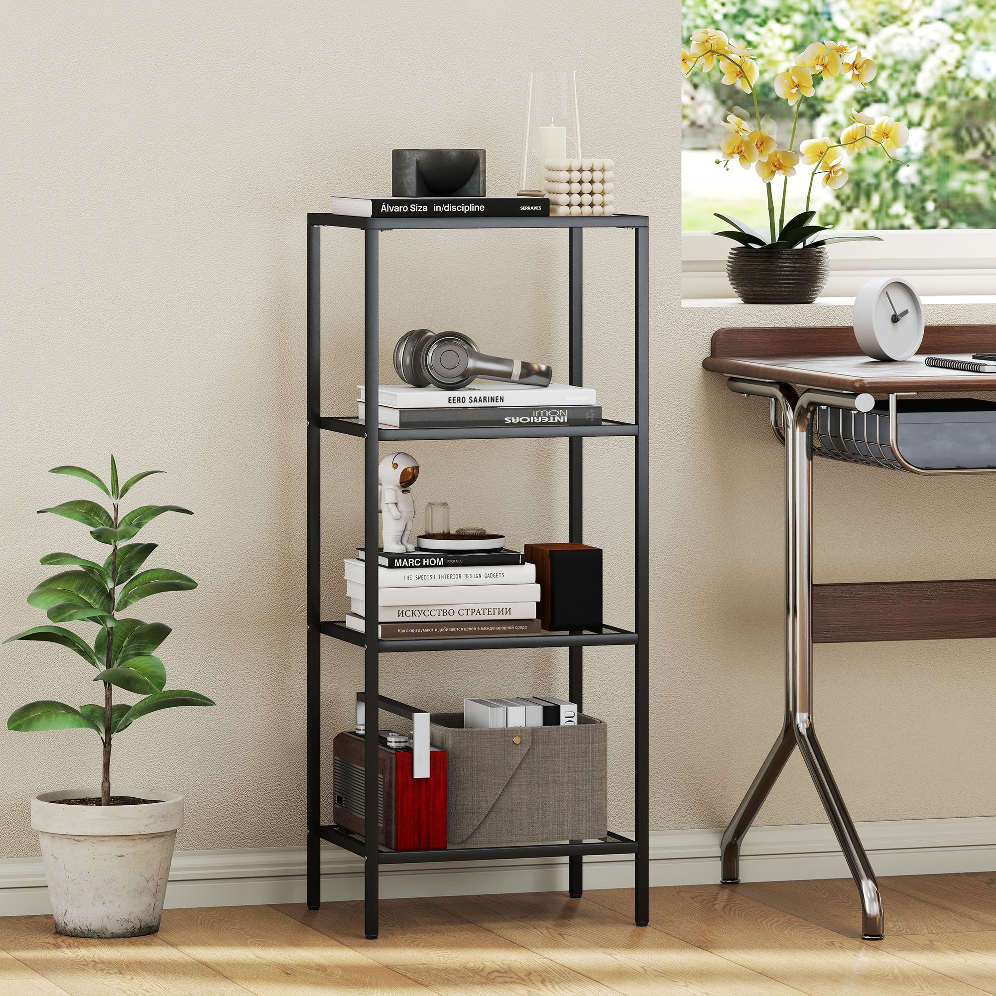 4-Tier Shelving Unit, Glass Shelf, Vertical Storage Shelf for Living Room, Home Office, Bedroom, Bathroom, Black