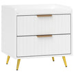 White two-drawer bedside table with ribbed fronts, gold-tone handles and metal legs