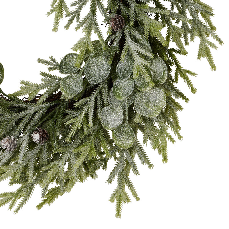 Close-up of the frosted pine and eucalyptus leaves