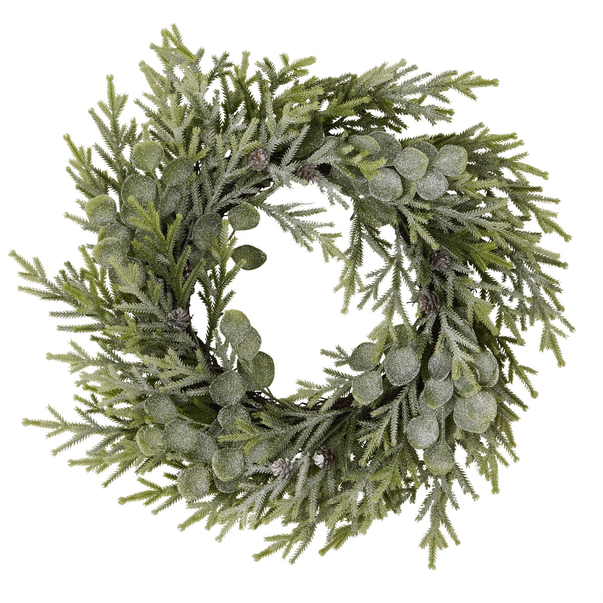 Frosted pine and eucalyptus wreath on a white background