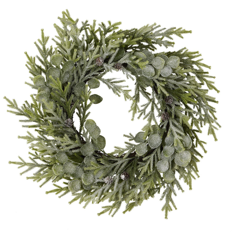 Frosted pine and eucalyptus wreath on a white background
