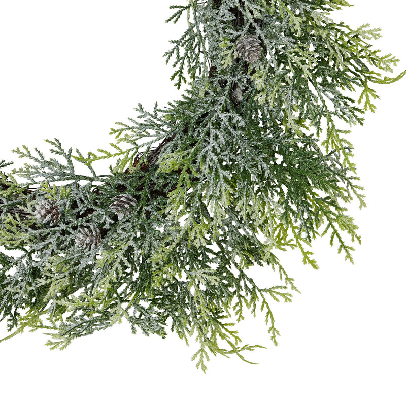 Frosted Pine Christmas Wreath with Pinecones – 55cm, close-up of frosted pine needles and a pinecone