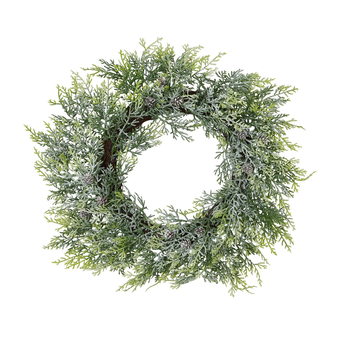 Frosted Pine Christmas Wreath with Pinecones – 55cm, frosted pine wreath with pinecones on a white background