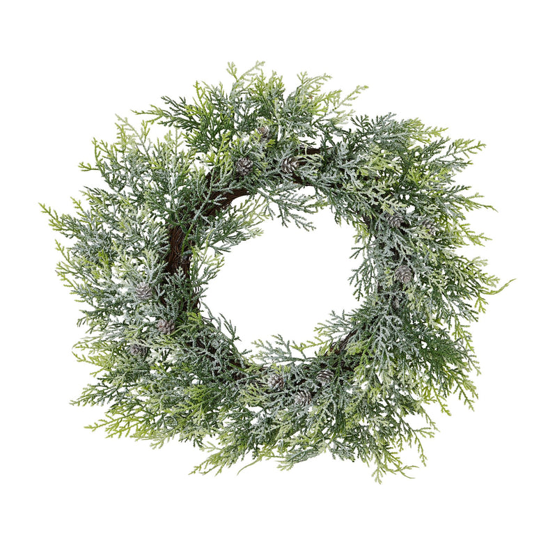 Frosted Pine Christmas Wreath with Pinecones – 55cm, frosted pine wreath with pinecones on a white background