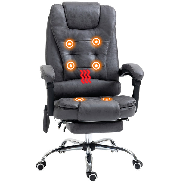 Dark grey microfibre heated massage executive office chair with armrests, reclining back and footrest