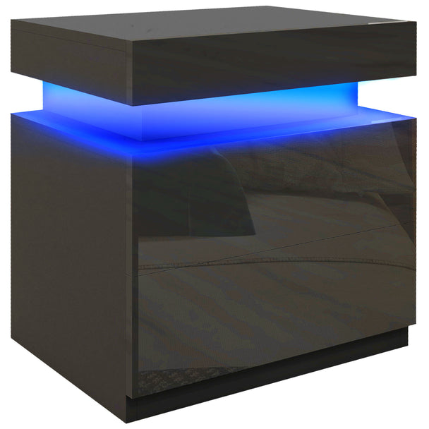 Black high gloss bedside table with LED light strip and two drawers