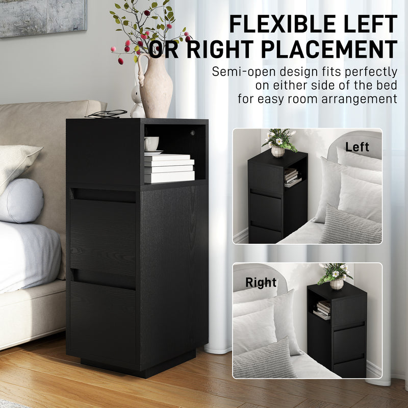 HOMCOM Slim Bedside Table, Narrow Bedside Cabinet with Open Shelf and 2 Drawers for Bedroom, Living Room, Black – view 6