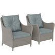 Set of two high-back rattan garden armchairs with thick light grey seat and back cushions