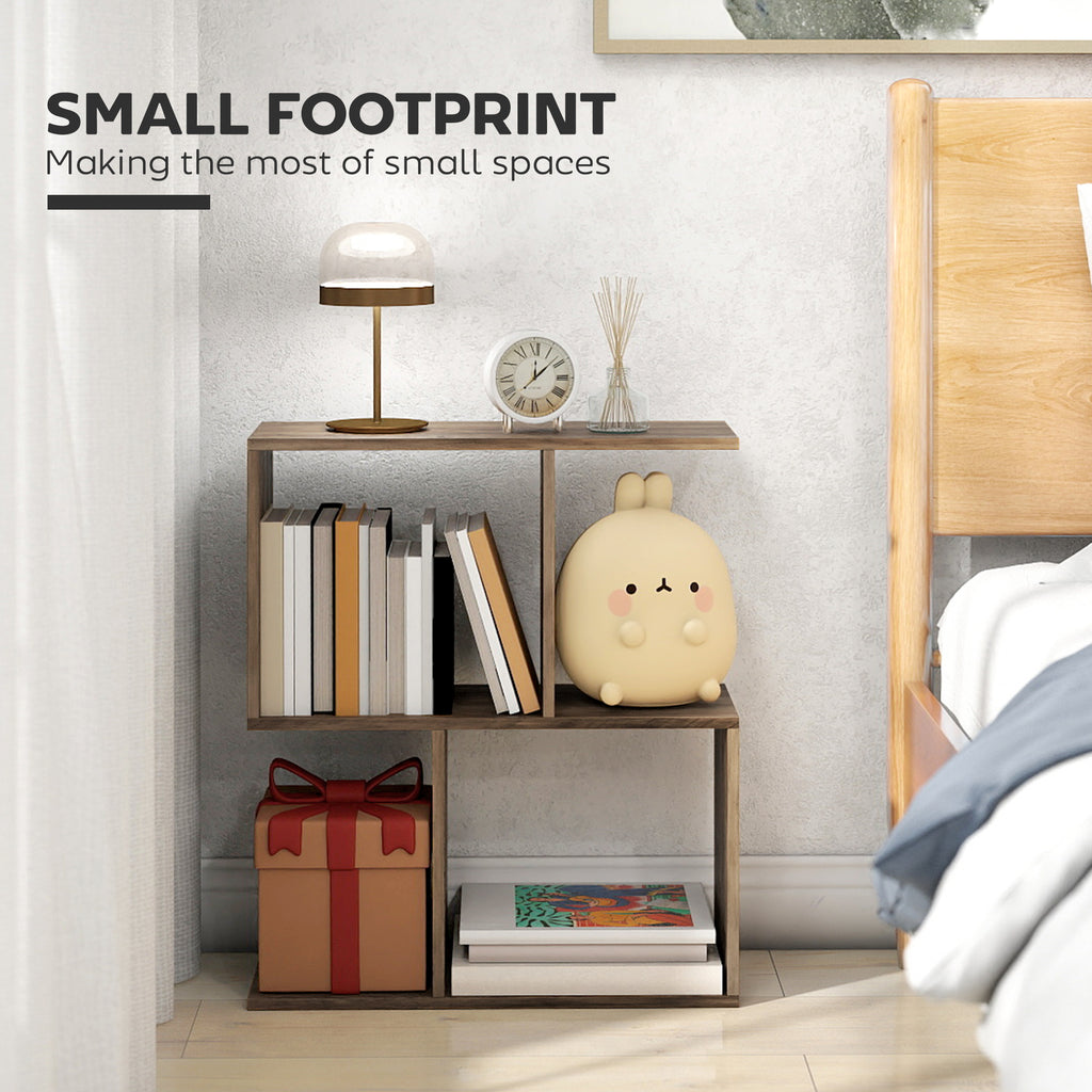 Side Table, Narrow End Table with Storage Shelves, S-Shaped, 3-Tier, 50W x 19.5D x 58H cm, Oak