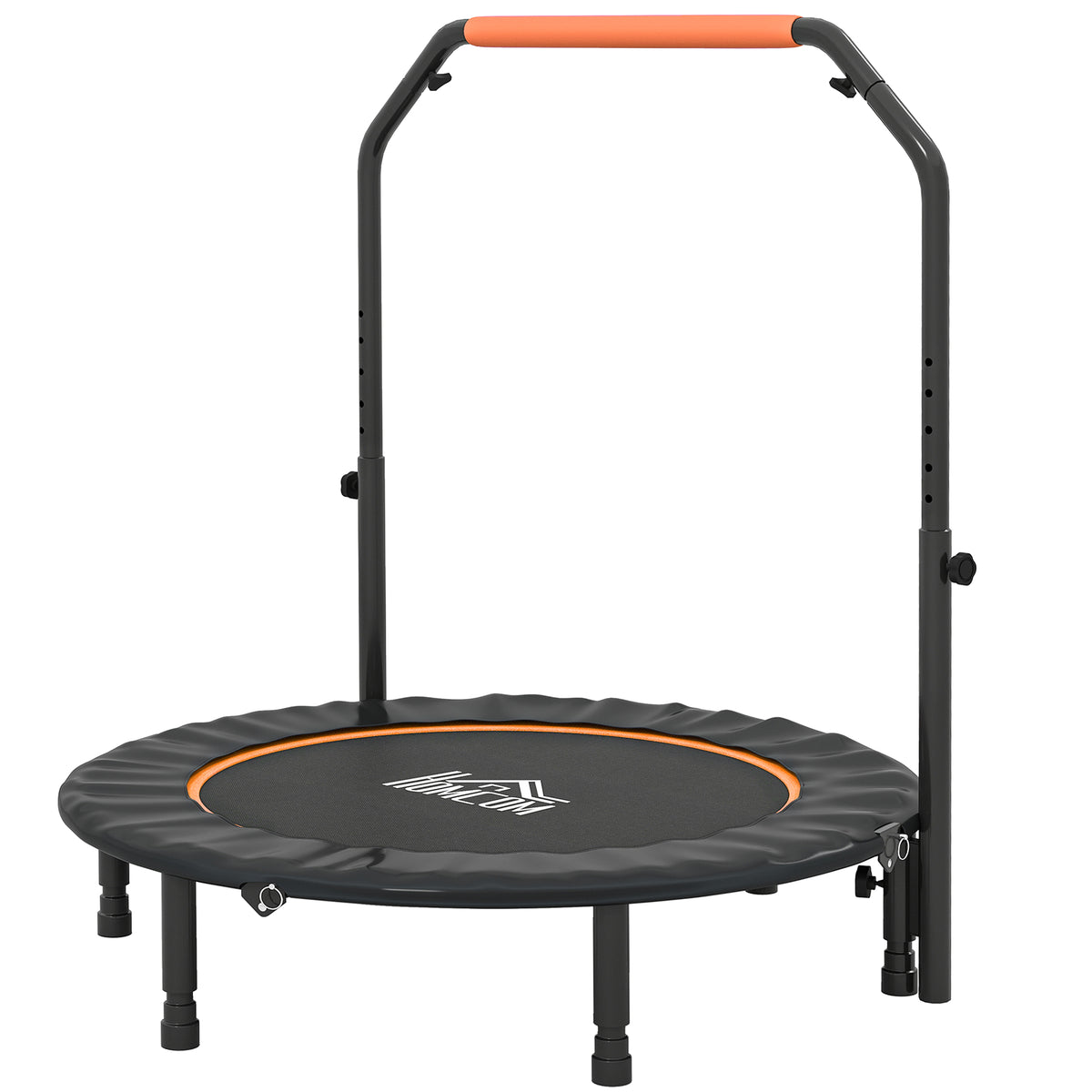 Orange 45-inch foldable mini fitness trampoline with adjustable foam-padded handlebar and six legs