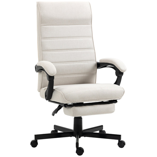 Cream white linen-look reclining office chair with tall padded back, armrests and pull-out footrest