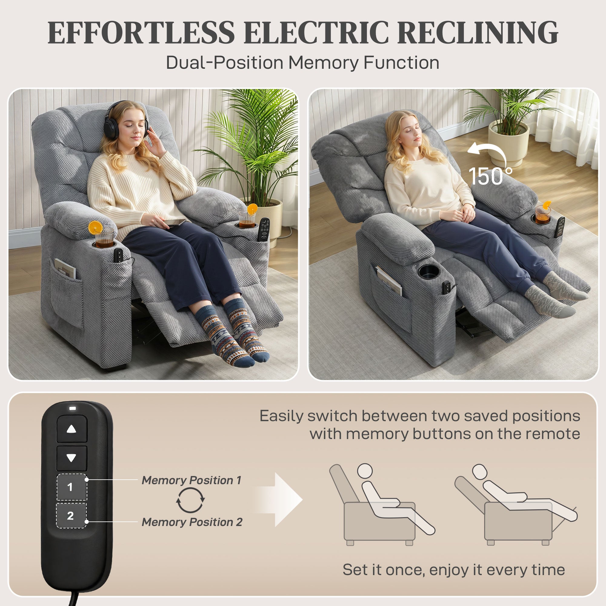 Recliner Armchair with Vibration Massage, Heat, Whisper-Quiet Motor, Memory Function, Power Reclining Chair, Dark Grey
