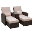 Brown rattan 2-seater sun lounger set with cream cushions, footrests and glass side table