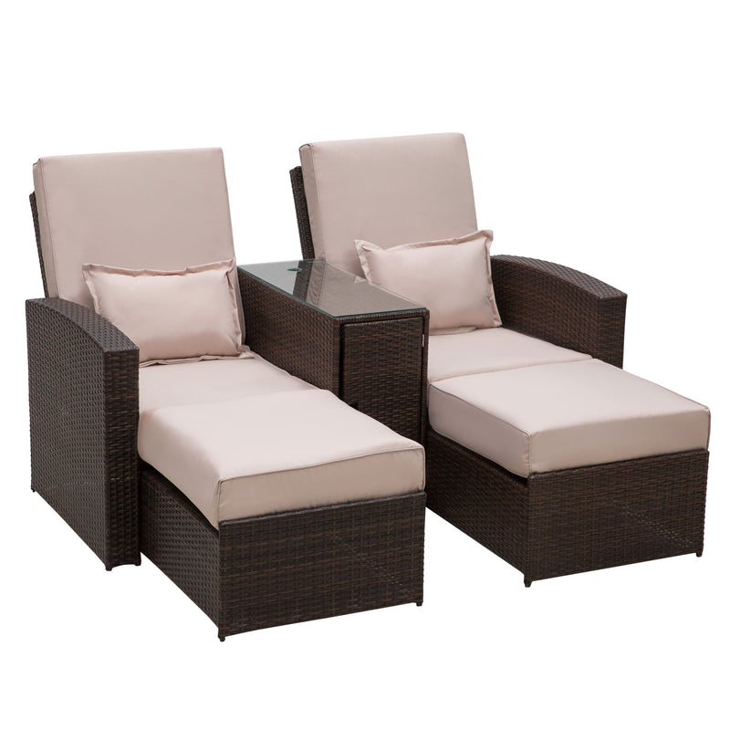 Brown rattan 2-seater sun lounger set with cream cushions, footrests and glass side table