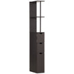 Brown slim tall bathroom cabinet with open shelves, small cupboard and two drawers