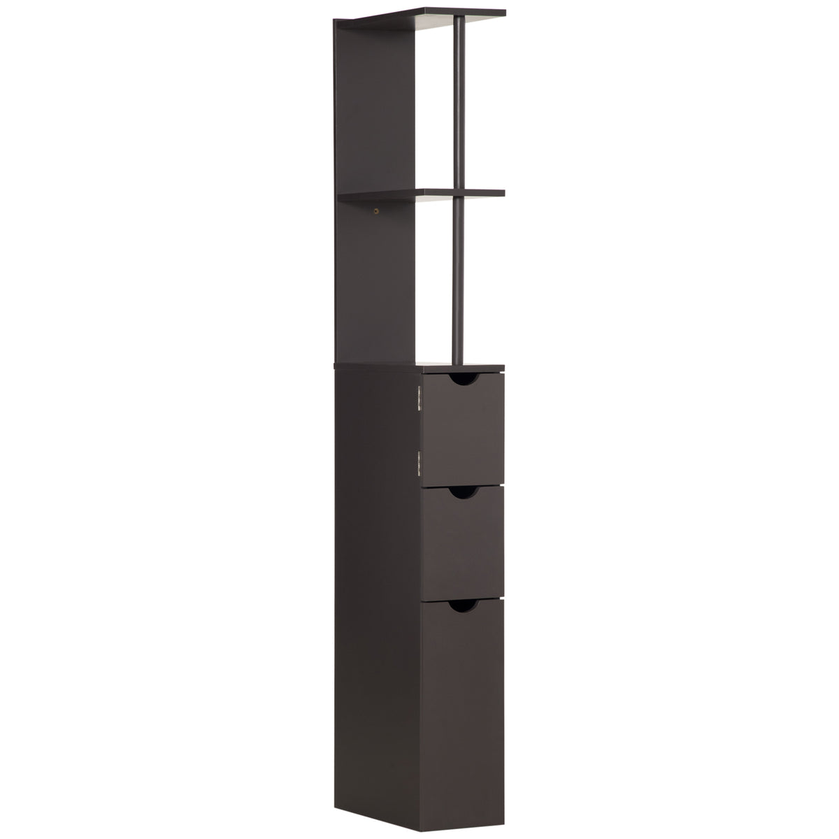 Brown slim tall bathroom cabinet with open shelves, small cupboard and two drawers