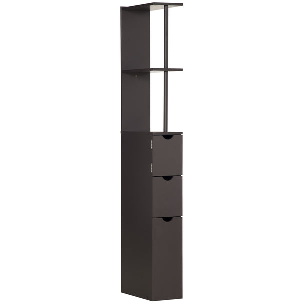 Brown slim tall bathroom cabinet with open shelves, small cupboard and two drawers