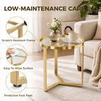Round Side Table with Tempered Glass Top and Geometric Metal Frame for Small Space, Gold Tone