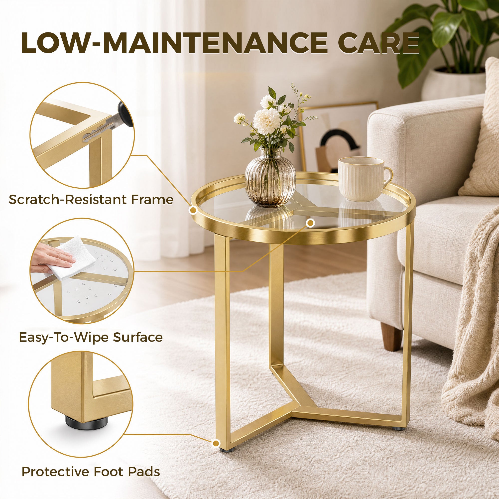 Round Side Table with Tempered Glass Top and Geometric Metal Frame for Small Space, Gold Tone