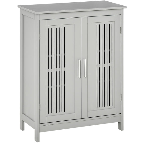 Grey modern bathroom floor cabinet with two doors and adjustable shelves